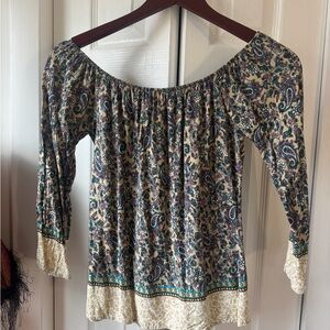 Exuss Boho Off-Shoulder Paisley Peasant Top - Cream with Teal & pink